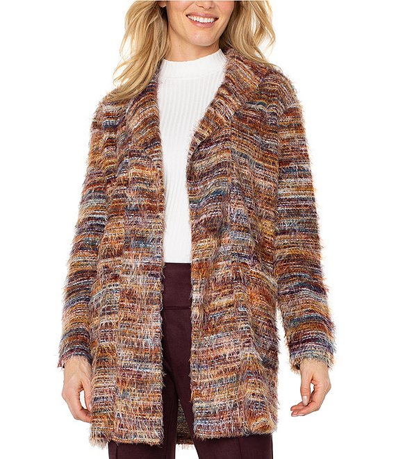Knit Lapel Collar Long Sleeve Open Front Cardigan in Multi Feather
