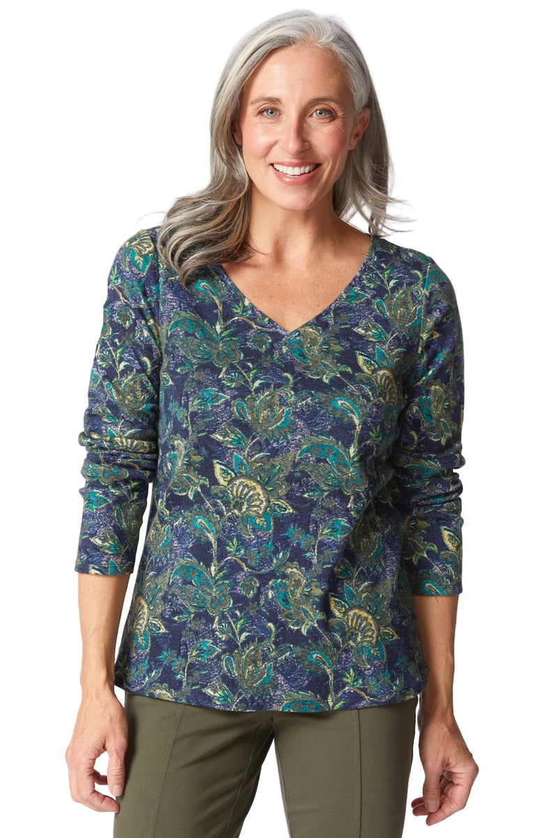 Paisley Easy V-Neck Tee in Mulberry