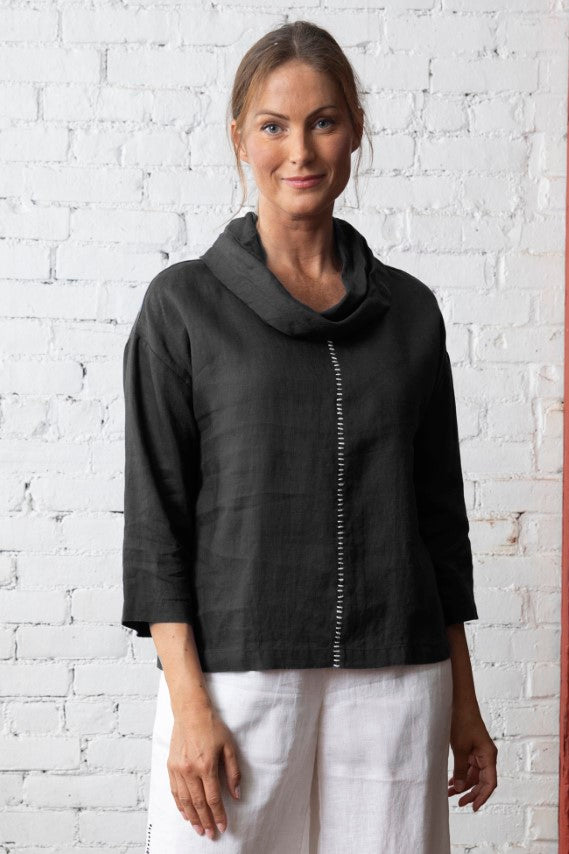 Linen Centered Cowl Top in Black Linen
