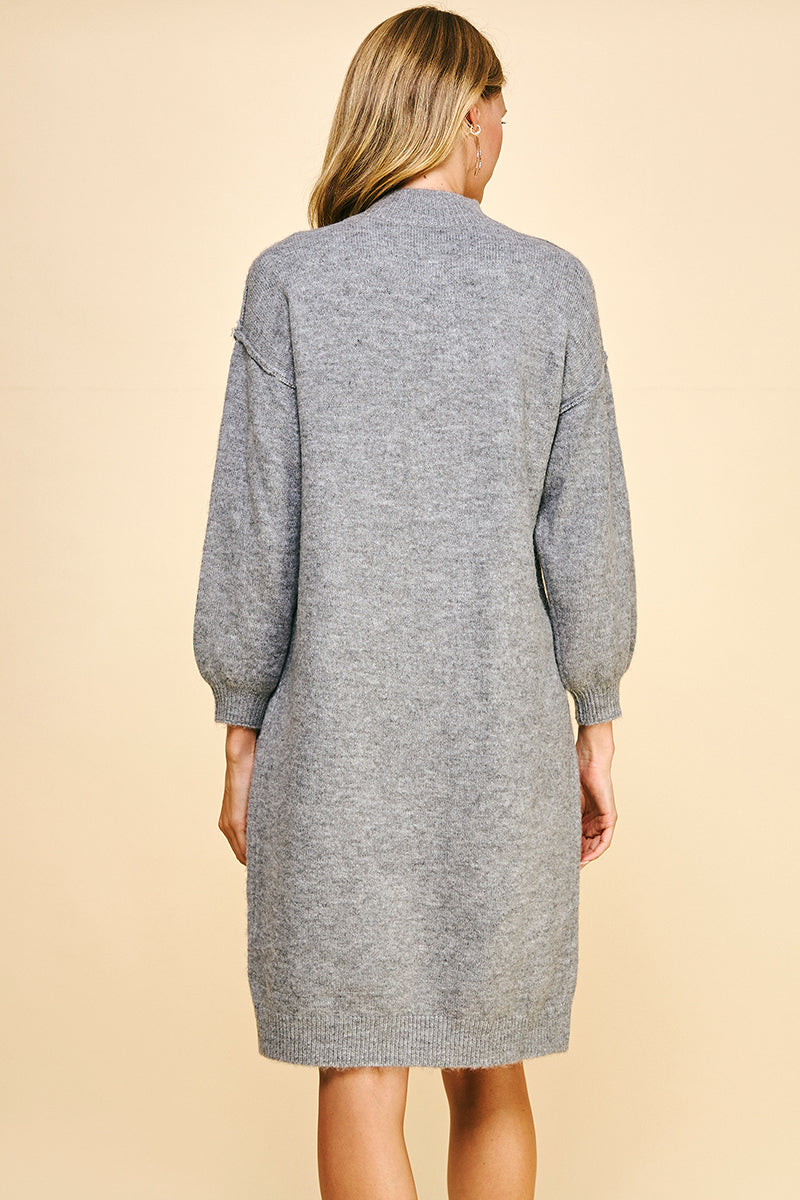 Mock Neck Sweater Tunic with High Slit in Grey