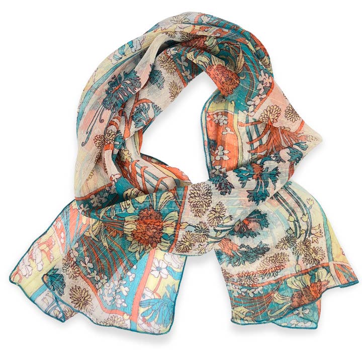 Silk Chiffon Scarf - Orange and Turquoise with Gold Lurex