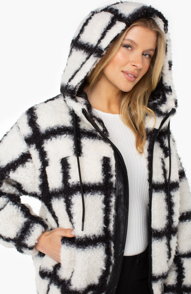 Sherpa Zip Up Hoodie in Black/White