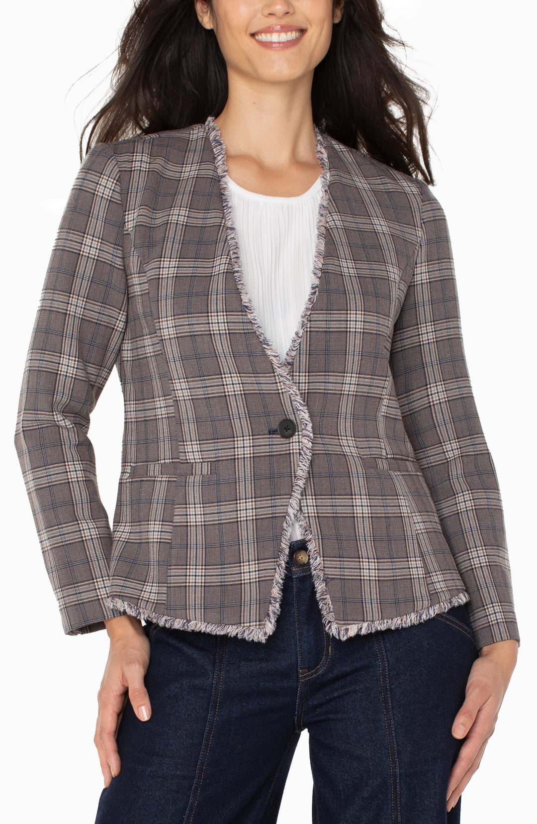 Collarless Fitted Blazer W/ Fray