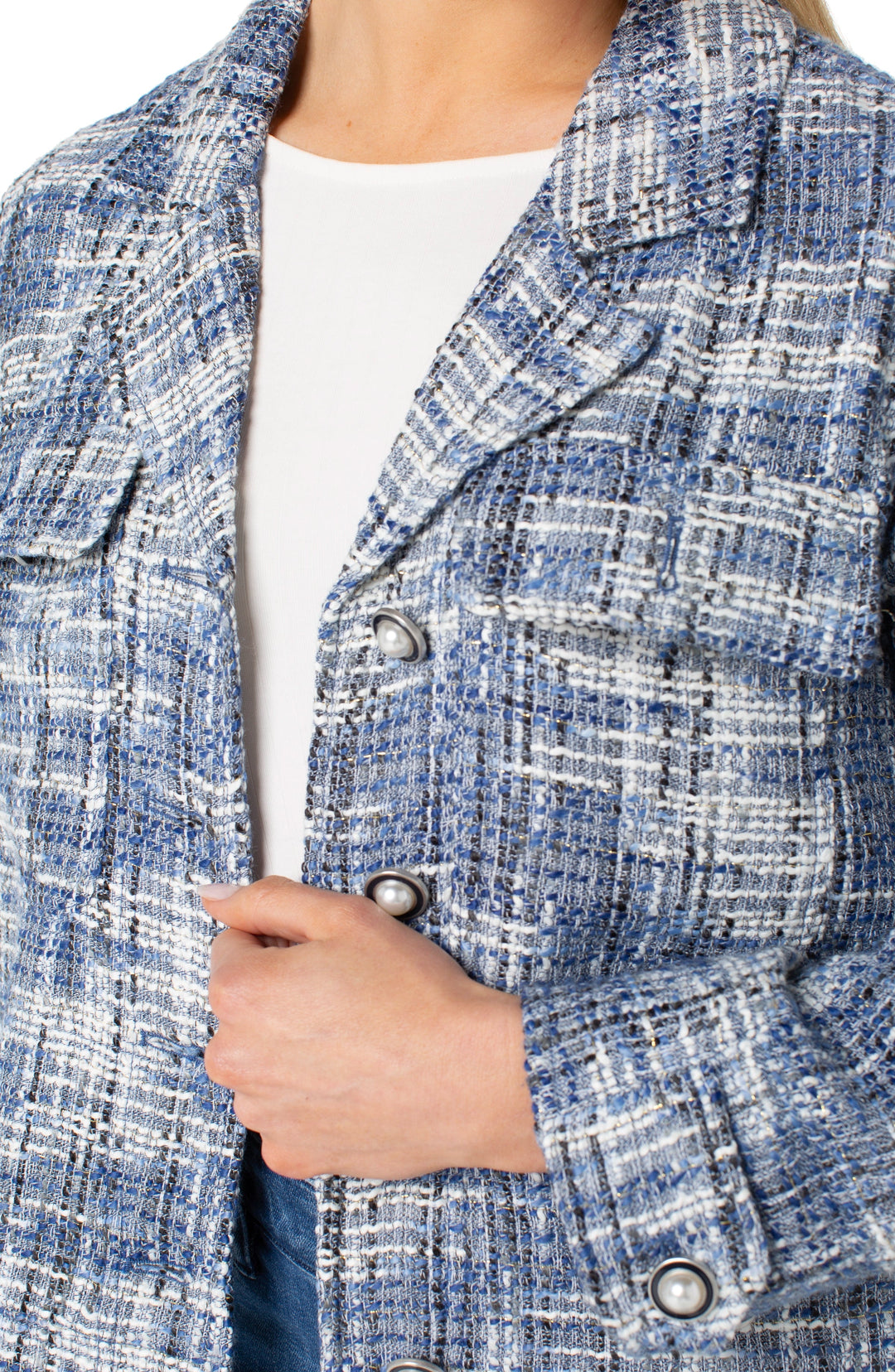 Button Front Boxy Shacket in Blue Multi