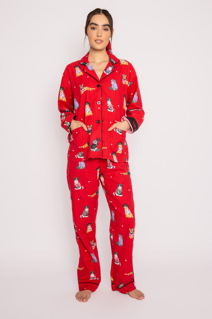 Flannel PJ Set - Sunglasses Cats in Red