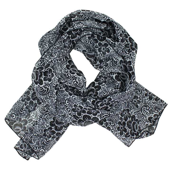 Chiffon Poly Scarf in Black and White Floral