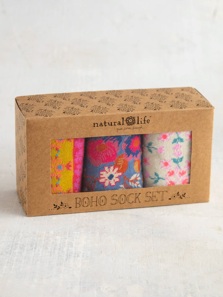 Boxed Boho Socks Cream Borders - Set of 3