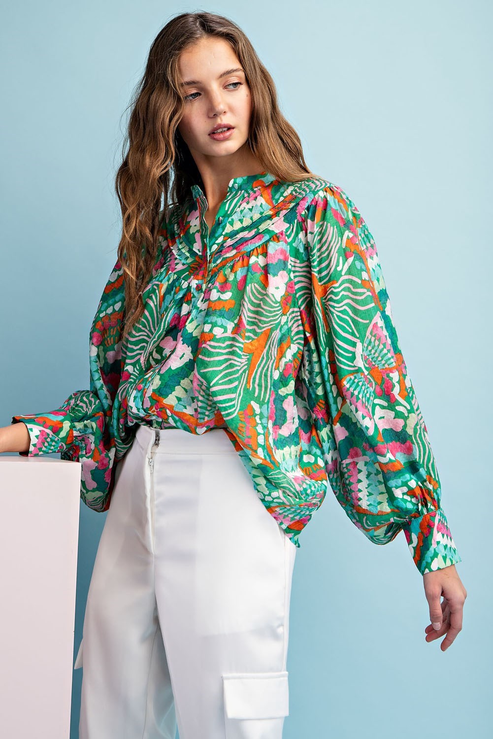 Bubble Sleeve Printed Top in Green Print