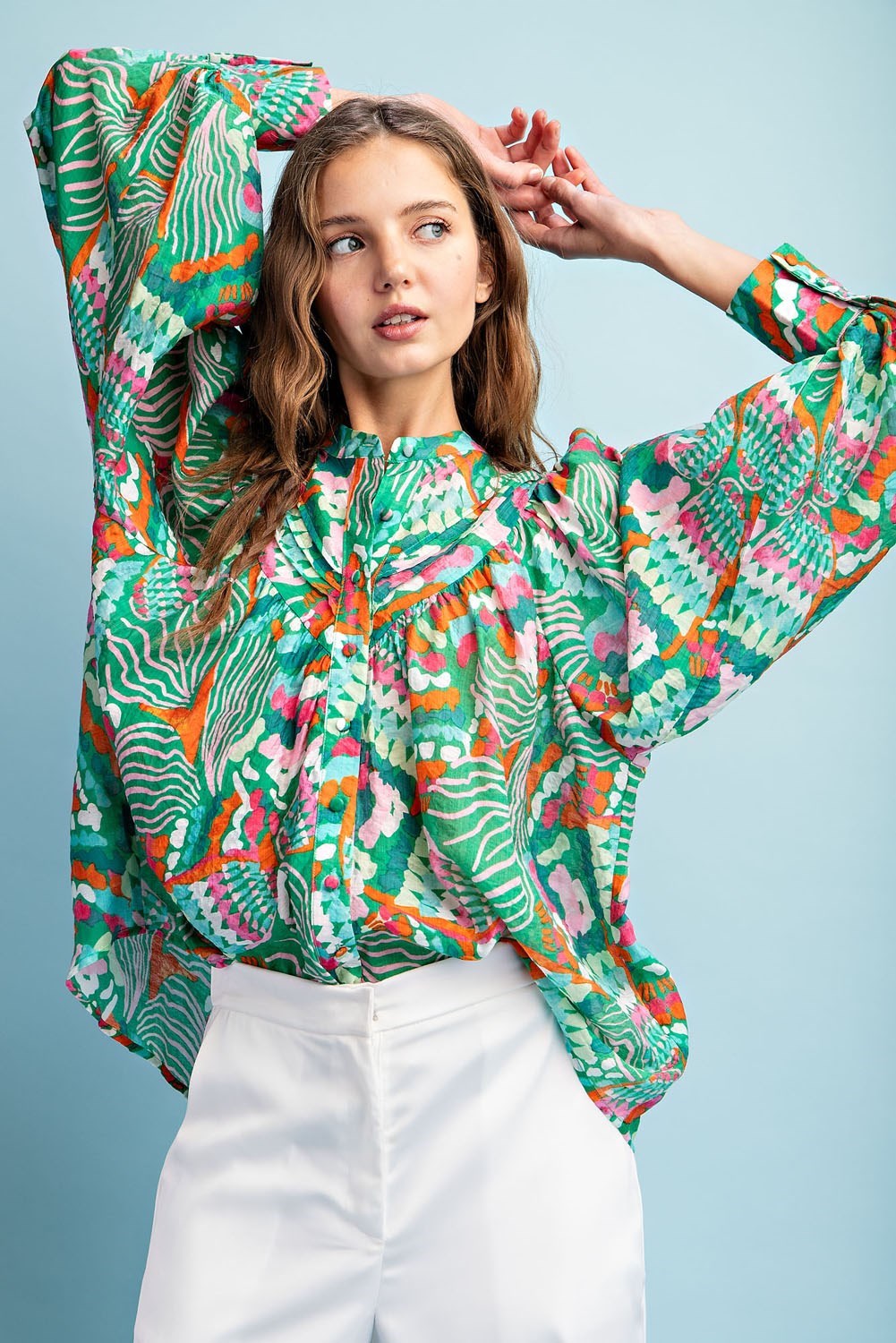 Bubble Sleeve Printed Top in Green Print