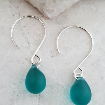 Silver Eco Sea Glass Sea Droplets Earrings - Teal