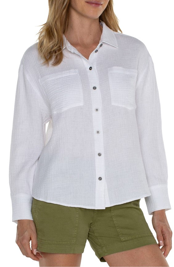 Crinkled Gauze Button-Up Shirt