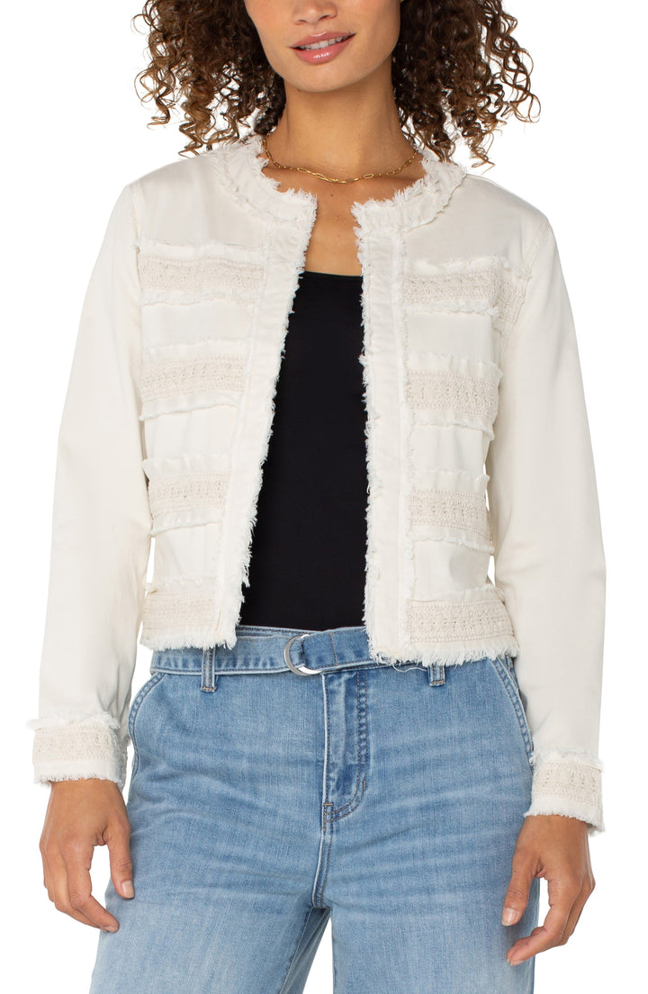 Collarless Jacket with Fray and Lace in Bone