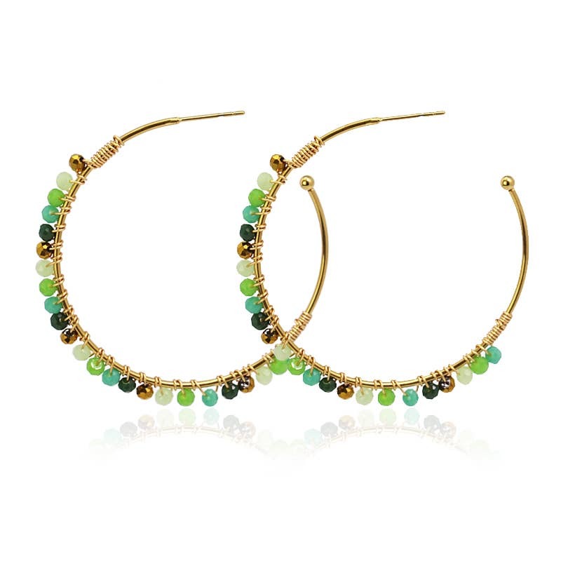 Verde Natural Stone Beaded 14K Gold Plated Hoop Earrings