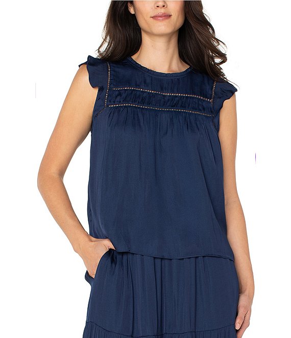 Crew Neck Cap Flutter Sleeve Top in Navy
