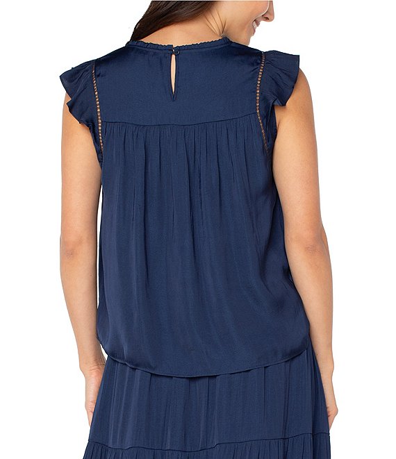Crew Neck Cap Flutter Sleeve Top in Navy