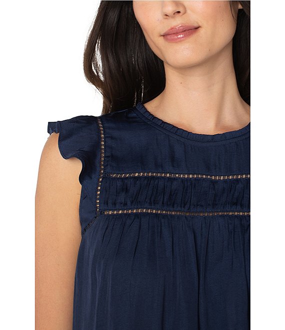 Crew Neck Cap Flutter Sleeve Top in Navy