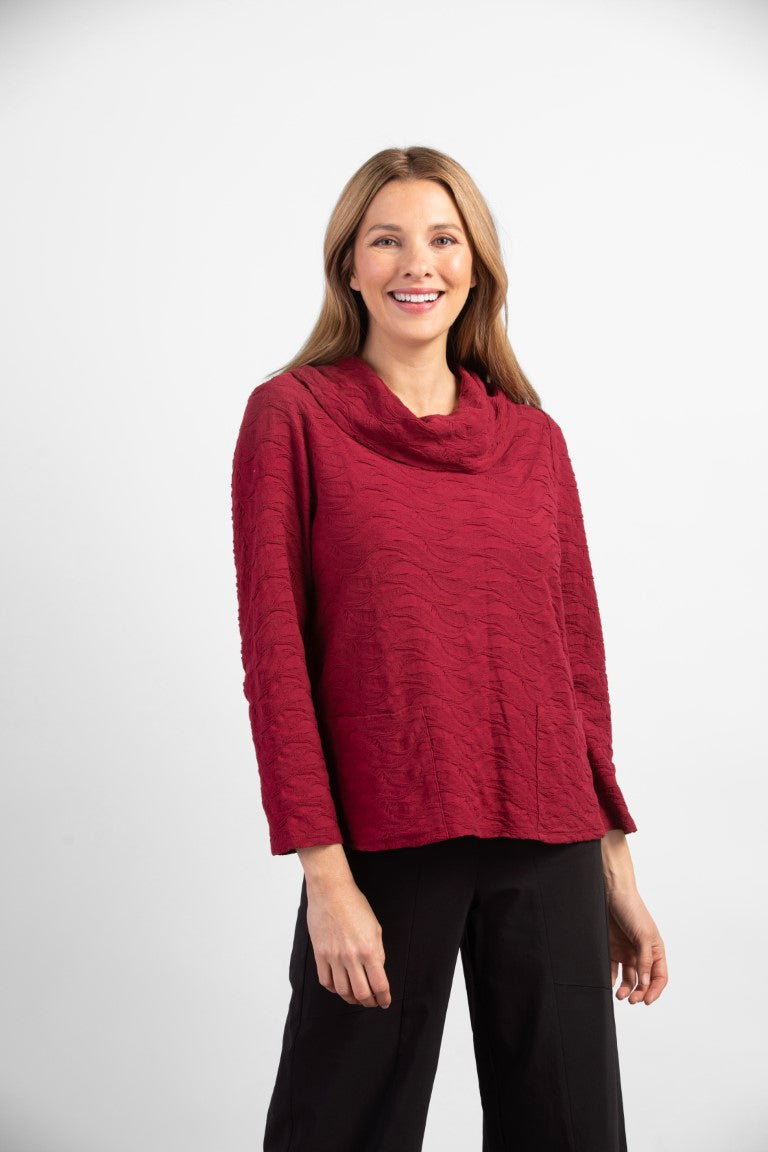 Waterfall Knit Cowl Pocket Top in Cranberry