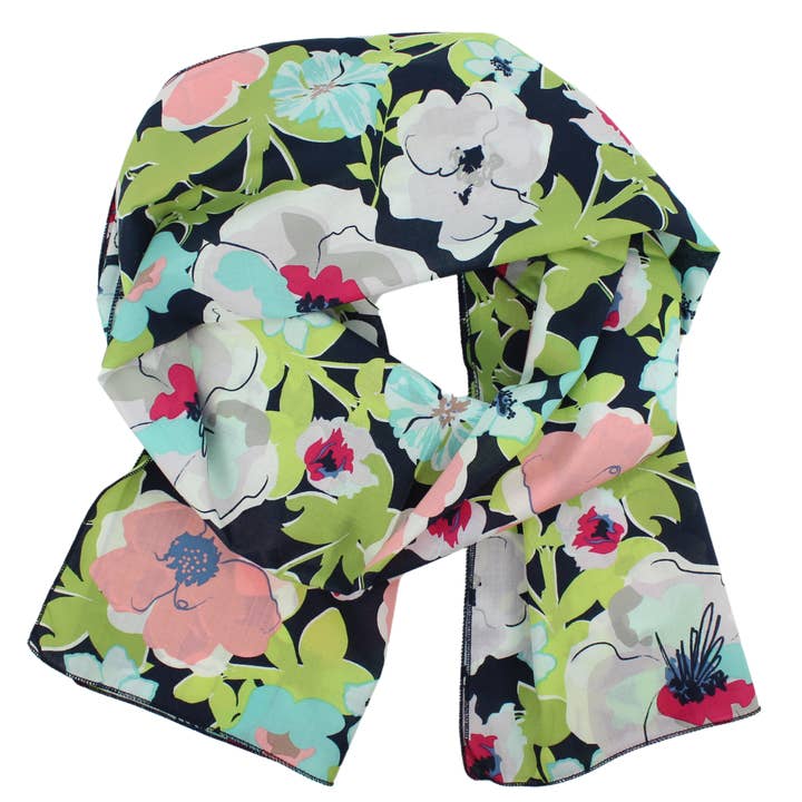 Cotton Voile Scarf in Navy and Chartreuse Floral