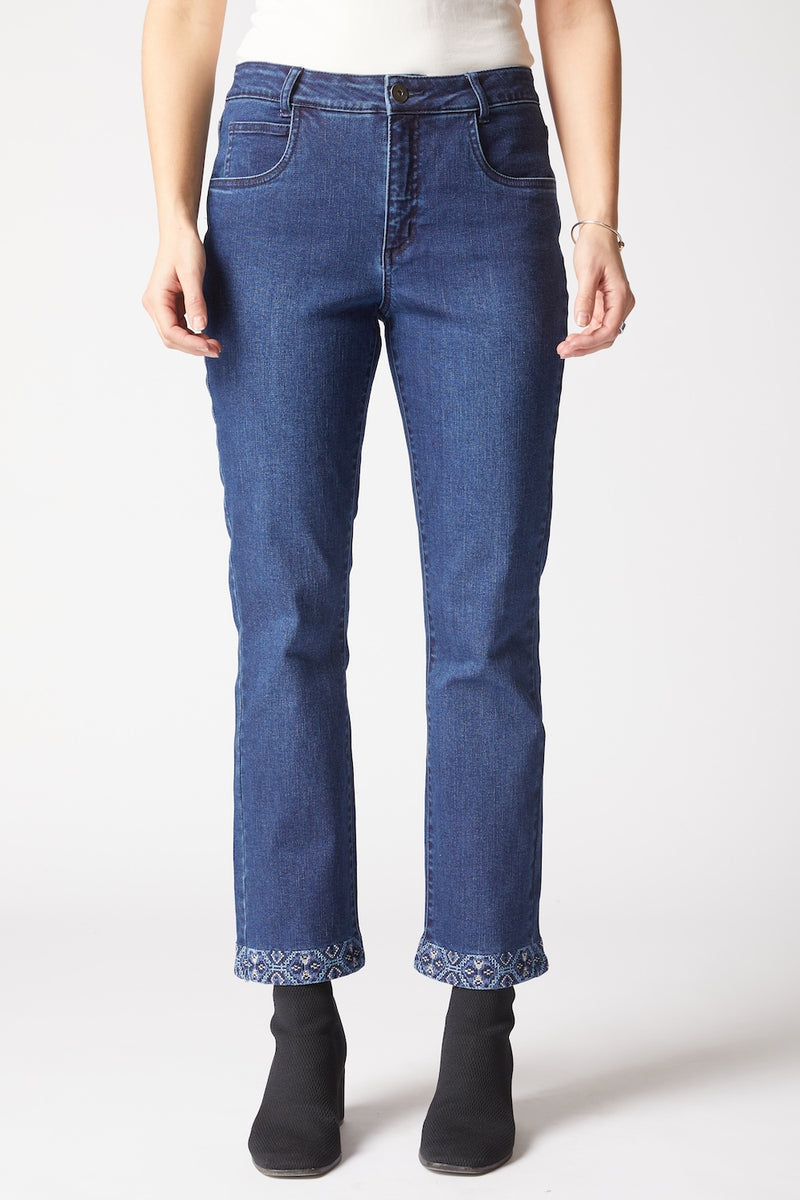 Slim Ankle Embroidered Pant in Dark Denim