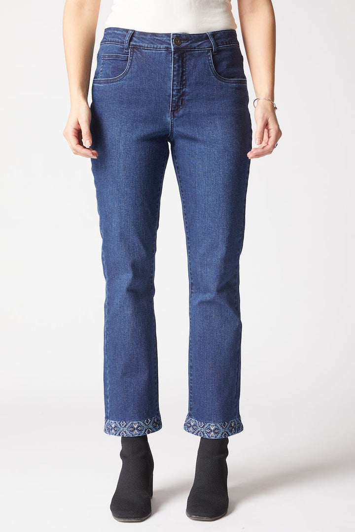 Slim Ankle Embroidered Pant in Dark Denim