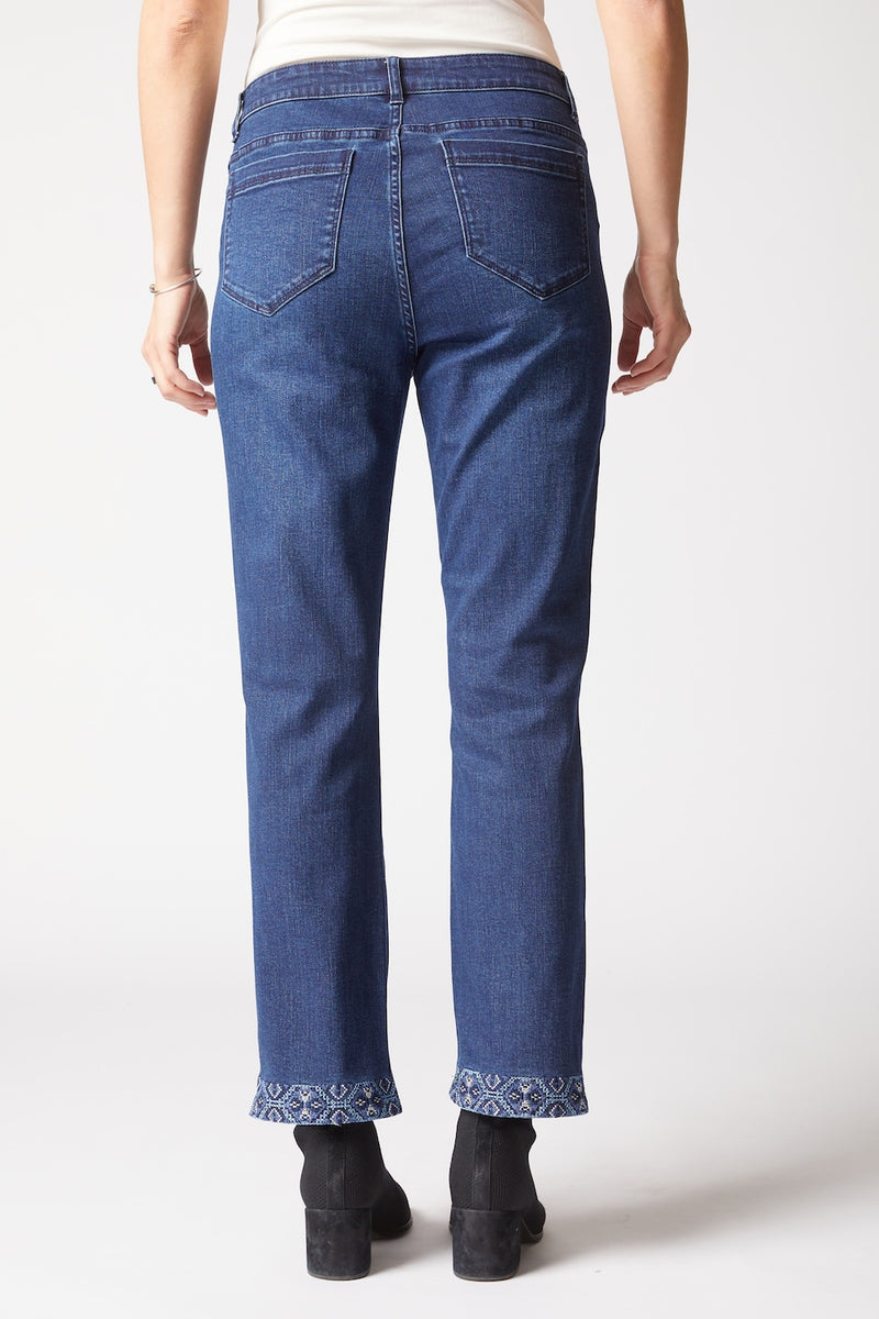 Slim Ankle Embroidered Pant in Dark Denim