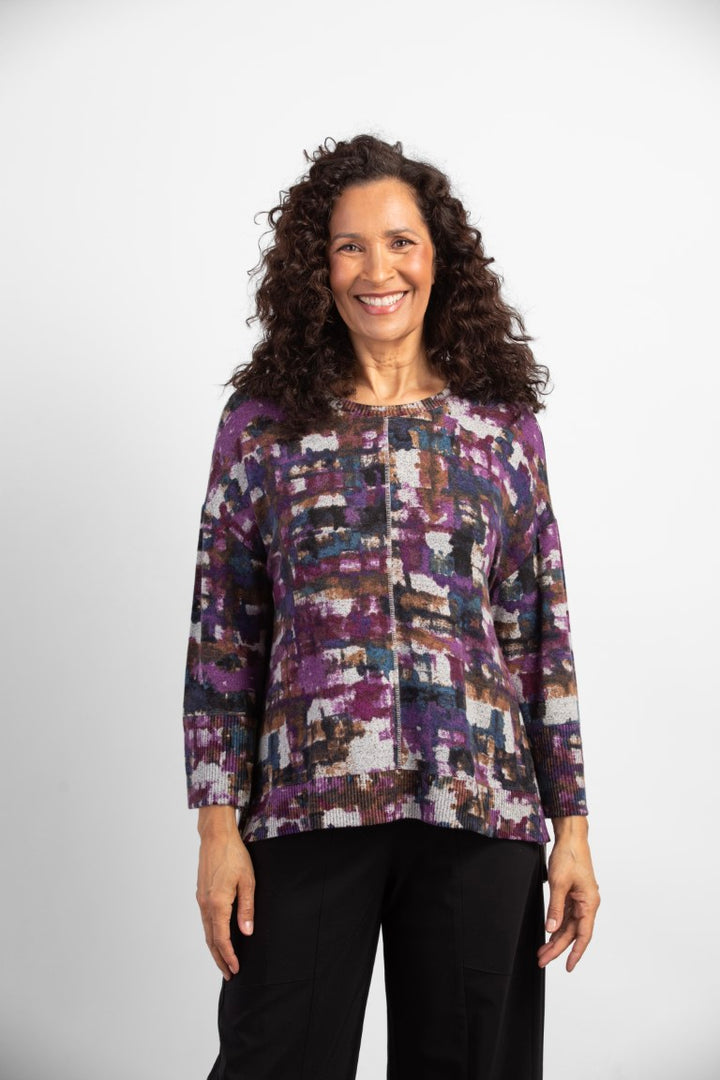 Soft Fleece Rib Trim Crew Top in Damson Purple