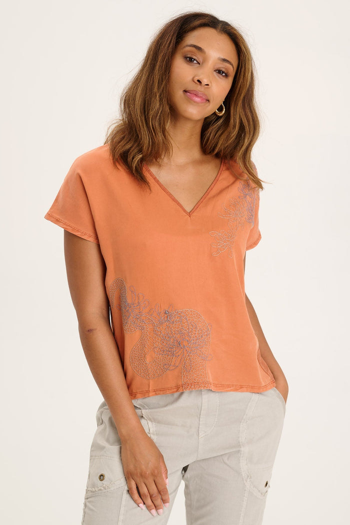 Jolina Twill V-Neck Embroidered Tee in Sierra