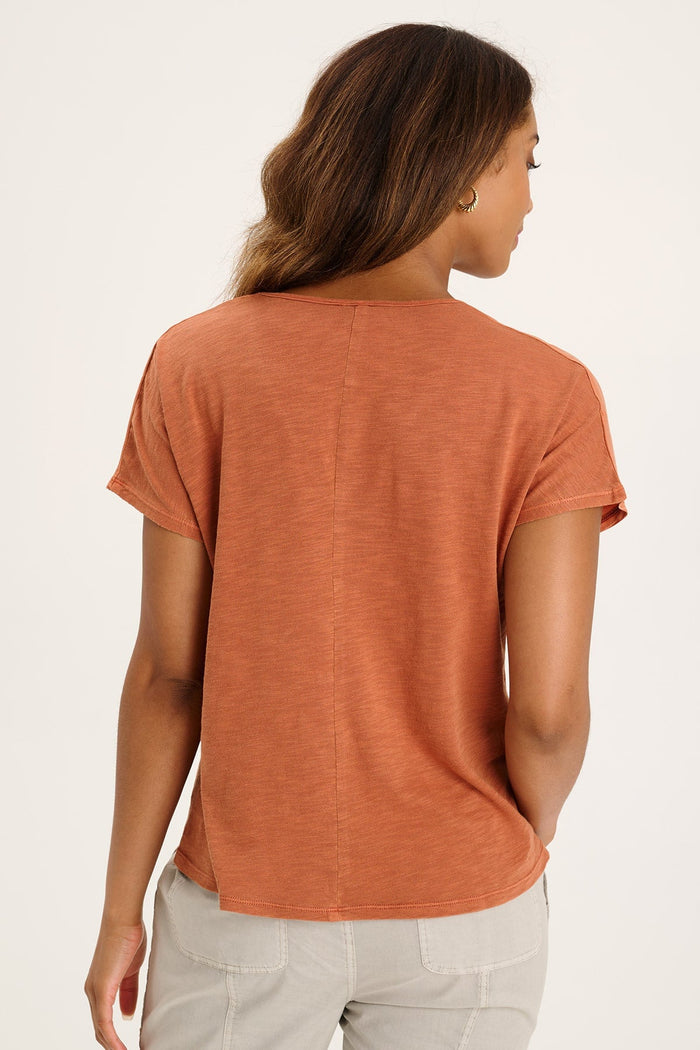 Jolina Twill V-Neck Embroidered Tee in Sierra