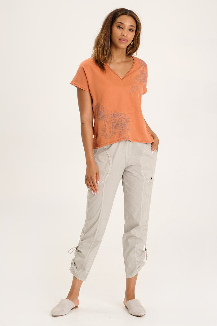 Jolina Twill V-Neck Embroidered Tee in Sierra