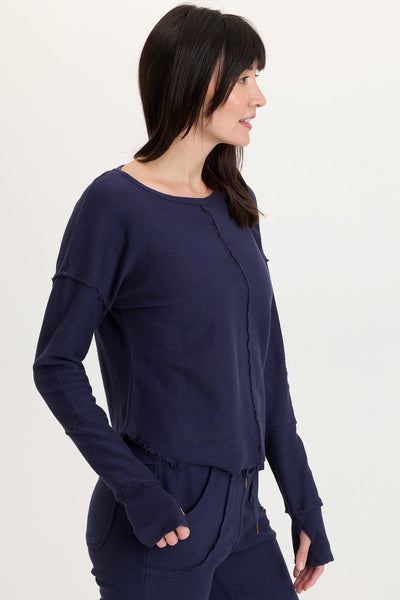 Annika Long Sleeve Boat Neck Top in Navy