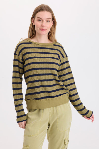 Goldie Stripe Open Crew Top in Artichoke Pigment