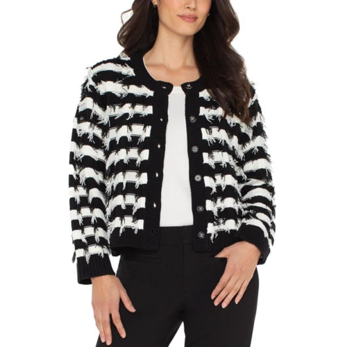 Fringe Long Sleeve Cardigan in Black/White