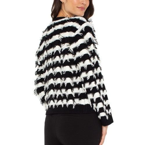 Fringe Long Sleeve Cardigan in Black/White