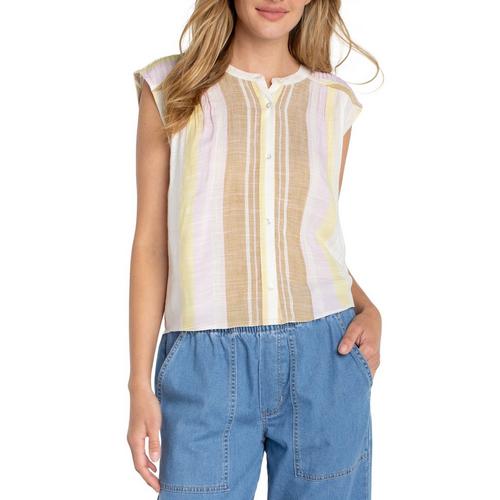 Dolman Button Front Woven Sleeveless Blouse in Neapolitan Stripe