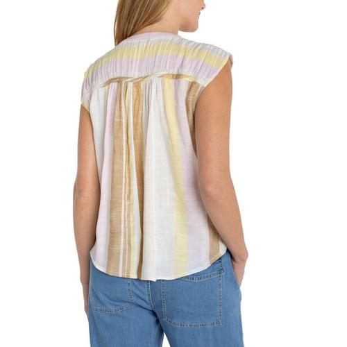 Dolman Button Front Woven Sleeveless Blouse in Neapolitan Stripe