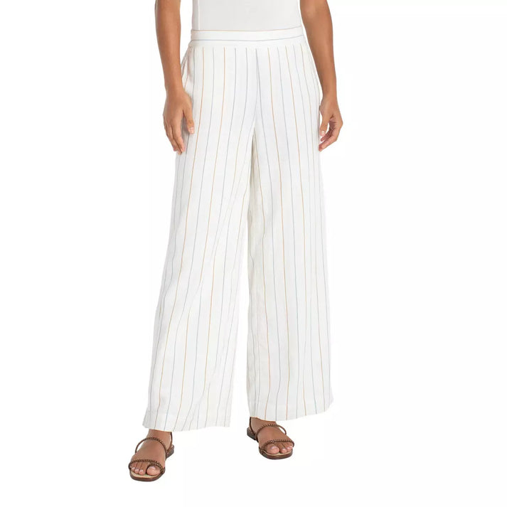 Pull-On Wide Leg Woven Pants in Cream and Blue Multi-Stripe