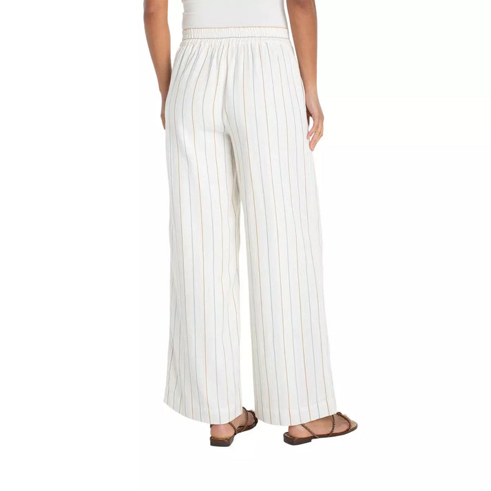Pull-On Wide Leg Woven Pants in Cream and Blue Multi-Stripe