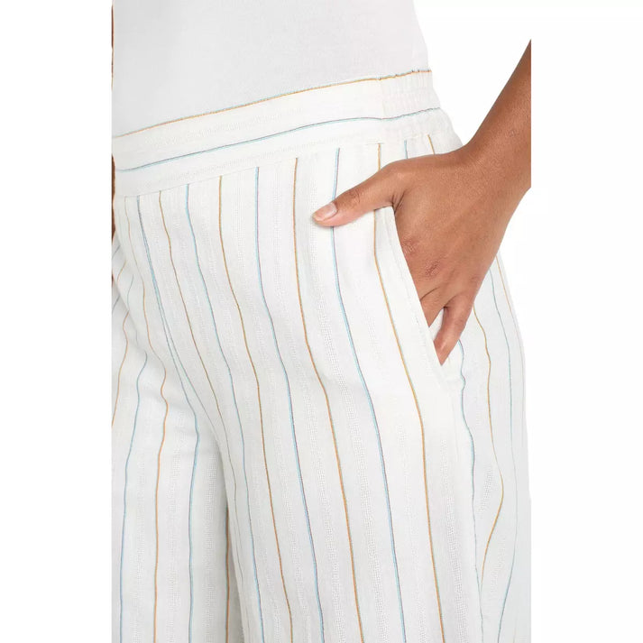 Pull-On Wide Leg Woven Pants in Cream and Blue Multi-Stripe