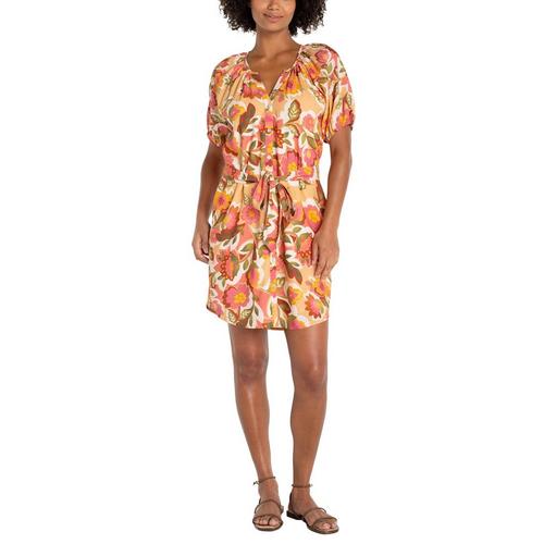 Shirred Button Front Notch Neck Shirt Dress in Tan Floral Multi