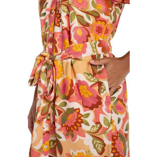 Shirred Button Front Notch Neck Shirt Dress in Tan Floral Multi