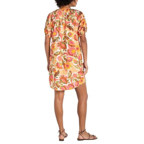 Shirred Button Front Notch Neck Shirt Dress in Tan Floral Multi
