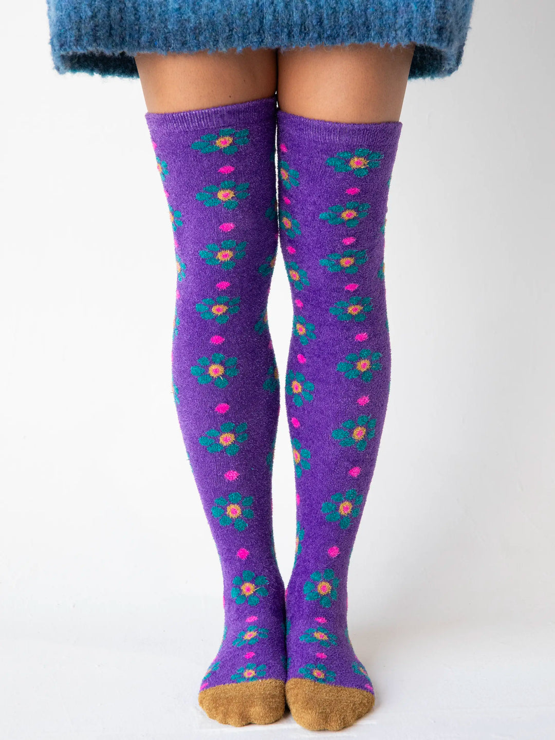 Over The Knee Cozy Socks - Indigo Floral