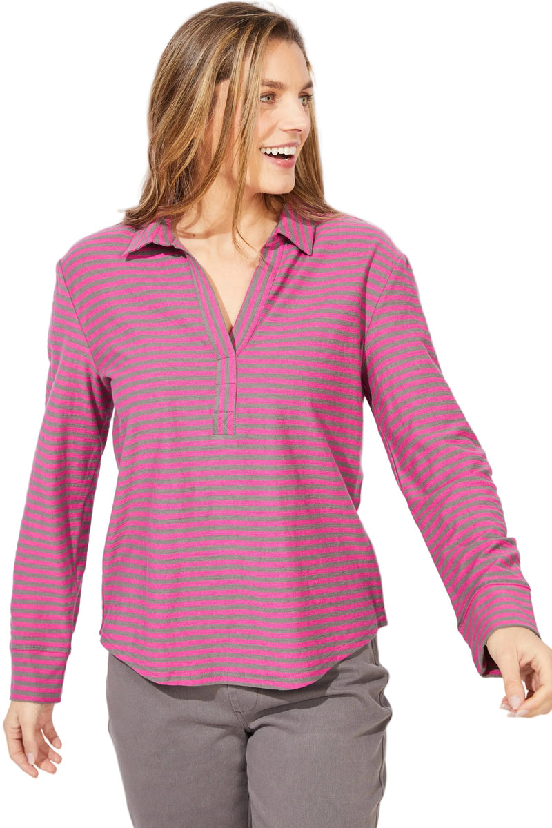 Verona Stripe Primo Split Neck Tee Fuchsia