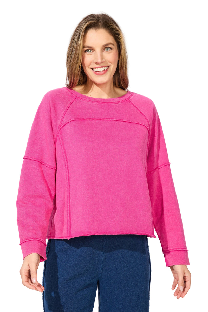Color Wash Terry Weekend Raglan Crewneck in Fuchsia