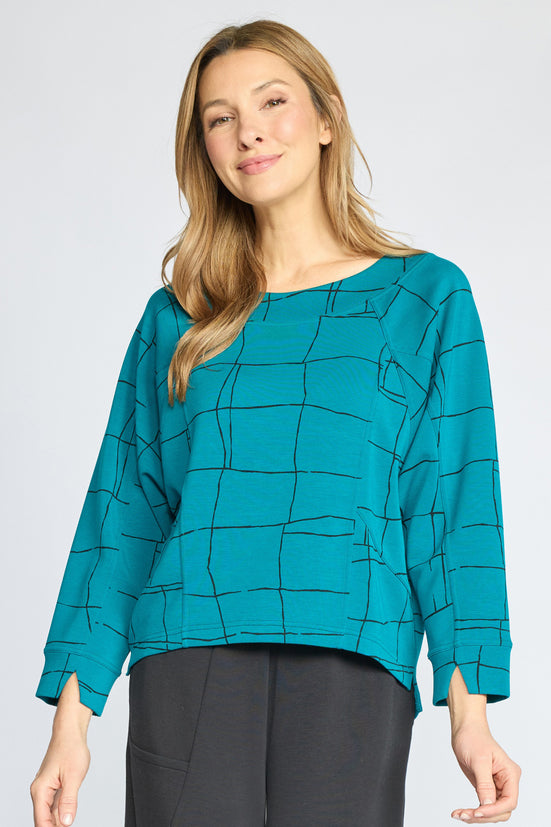 Feather Lux Knit Windowpane Pullover in Teal