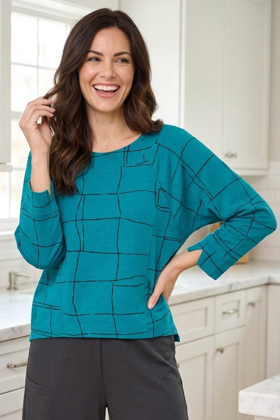 Feather Lux Knit Windowpane Pullover in Teal