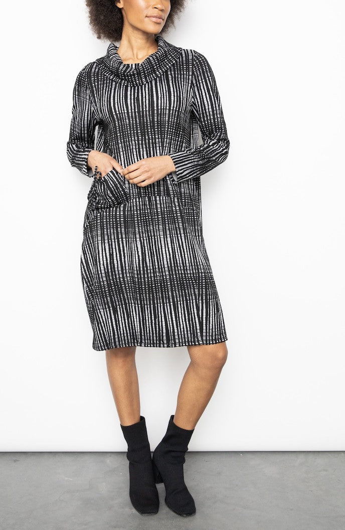 Graphic Grid Drawstring Dress in Black