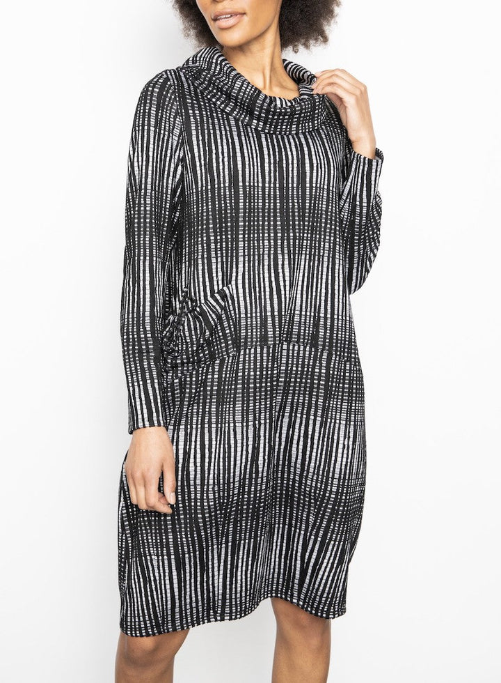 Graphic Grid Drawstring Dress in Black