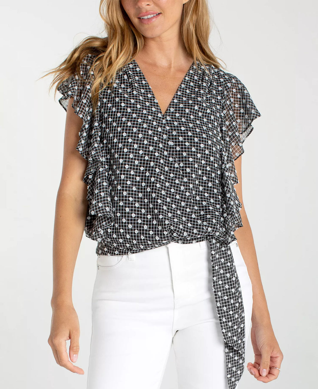 Short Ruffle-Sleeve Drape Front Woven Blouse
