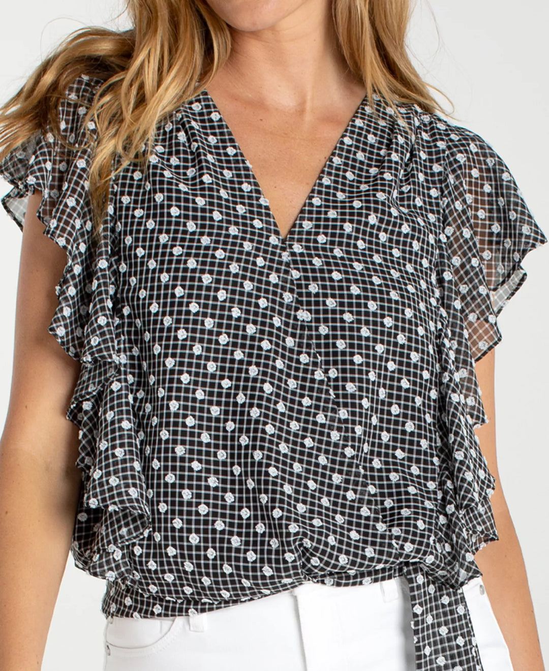 Short Ruffle-Sleeve Drape Front Woven Blouse